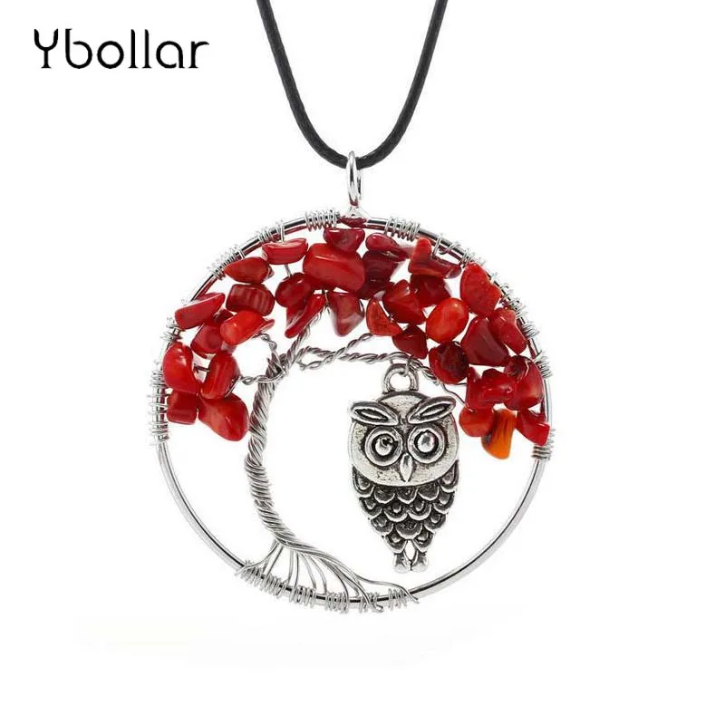 

Women Fashion Necklace Red Natural Stone Gems Chips Beads Handmade Wire Wrapped Tree of Life Owl Pendant Necklace Jewelry Craft