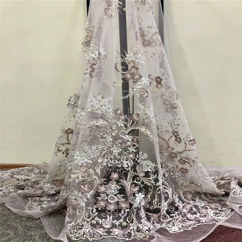 

Latest French 3D flowers lace fabric with beads and stone High quality Tulle lace fabric for elegant dress A815-1