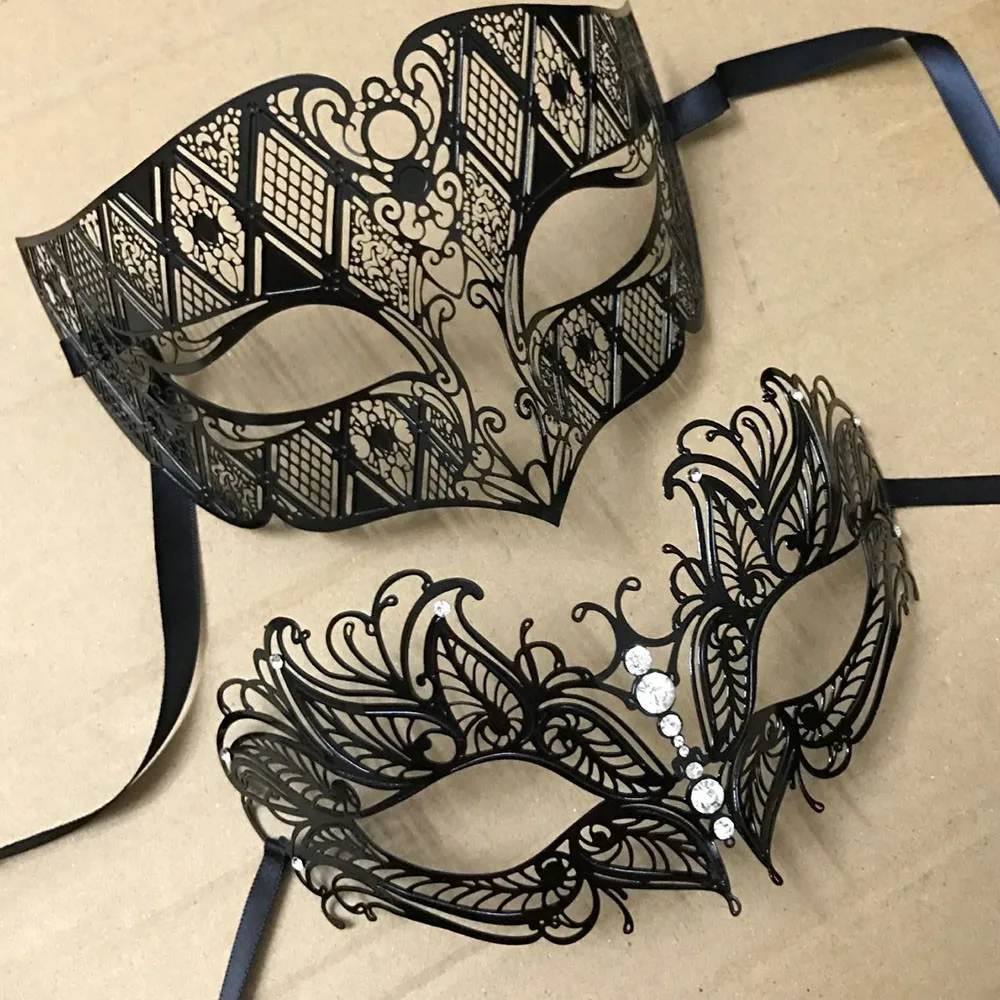 Роскошные Серебристые вечерние венецианские маски для влюбленных мужчин и женщин, черный металл, лазерная резка, Рождественский костюм, для шоу, свадьбы, маскарада, набор маскарадных масок