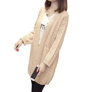 

2018 Autumn Winter Women Middle Long V-neck Knitted Sweater Cardigan Female Long Sleeve Twist Thicken European Sweater Coat F774