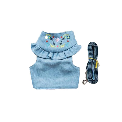 Embroidery Jean Dog Harness Vest Pet Puppy Vest Leash Walking Traction Rope Denim Adjustable Chest Strap Small Dog Accessories - Цвет: light blue