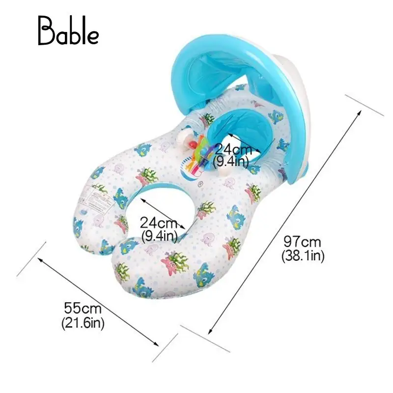 Baby Float Inflatable Swimming Ring With Sunshade Swimming Seat Pool Accessories Double Ring Design Fun Zwemband Baby Toy Blue