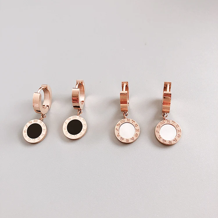 

YUN RUO Fashion Personality Roman Number Shell Stud Earring Woman Rose Gold Color Titanium Steel Jewelry Birthday Gift Not Fade