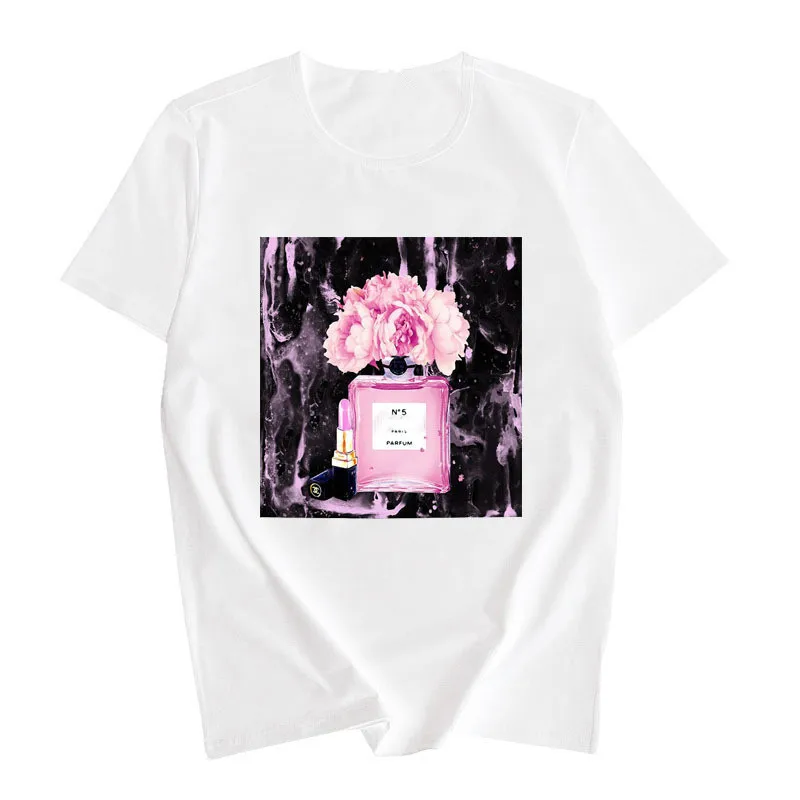 Футболка в винтажном стиле; модная футболка на высоком каблуке с принтом парфюма; футболки для девочек; топы в Корейском стиле; Camiseta Mujer - Цвет: 0605