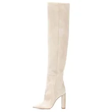Beige Loose Thigh High Boots Suede Leather Pointed Toe Chunky Heel Women Over The Knee Boots Square Heels Wide Calf Boots цена Beige Loose Thigh High Boots Suede Leather Pointed Toe Chunky Heel Women Over The Knee Boots Square Heels Wide Calf Boots цены онлайн