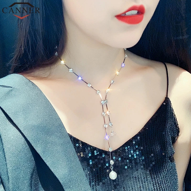 CANNER Luxury Shining Crystal/Rhinestone Necklace Choker Long Chain Necklace Pendant Statement Necklace Silver/Pearl collares FI