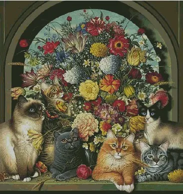 

Free delivery Top Quality lovely counted cross stitch kit 6 cats kitties and flower flowers, six cats