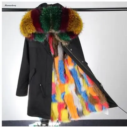Зимняя куртка брендовый стиль черный большой енот меховой воротник пальто парки верхняя одежда длинный съемный лисий мех подкладка с капюшоном - Цвет: 12
