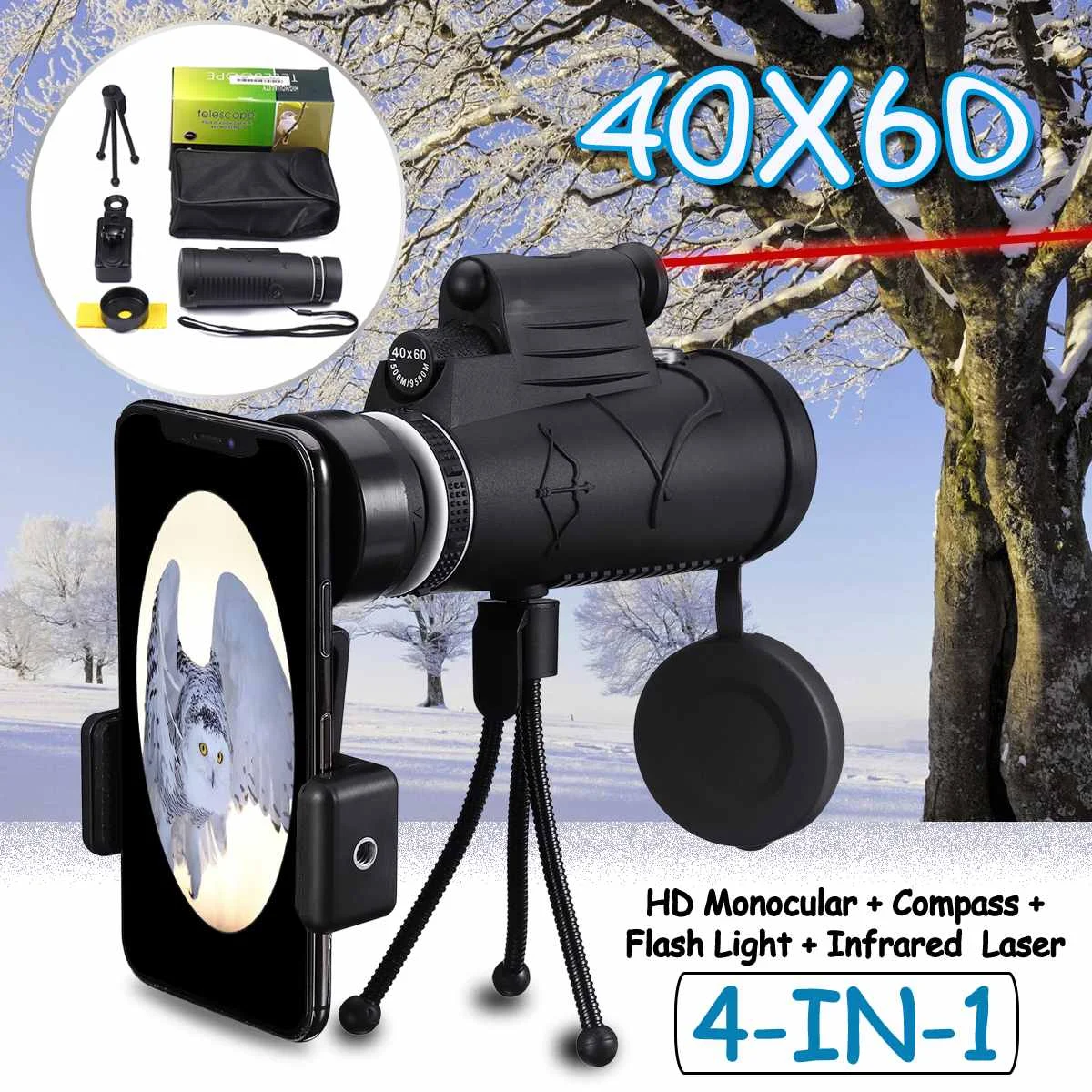 

40X60 BAK4 Monocular Telescope HD Mini Monocular Zoom Outdoor Hunting Camping Scopes with Night Vision Phone Clip Tripod Stand