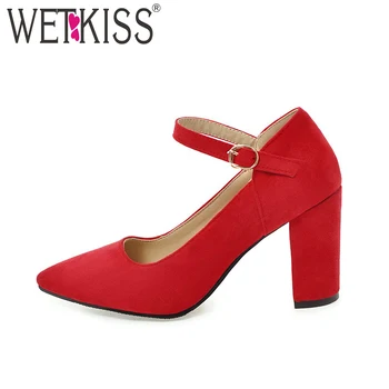 

WETKISS High Heels Women Pumps Buckle Strap Pointed Toe Square Heel Flock Footwear 2018 New Spring Fashion Party Ladies Shoes