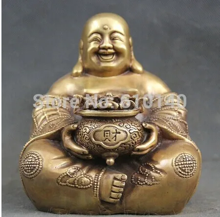 

6" Chinese Brass Happy Laugh Maitreya Buddha Wealth treasure bowl Rich Statue
