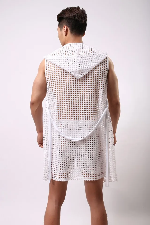 Пикантные для мужчин халат пижамы укороченная Толстовка сна Lounge Gay одежда новый сетки полые мода перспектива ванной K83