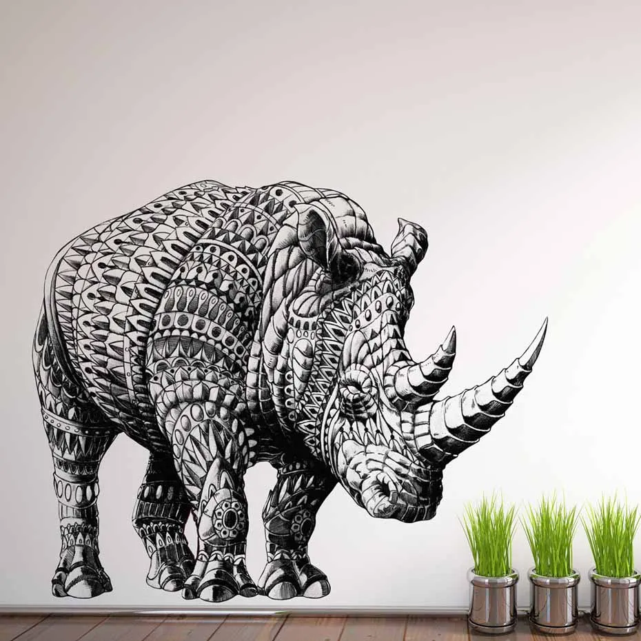 Черный и белый детальные носороги Ретро наклейки на стену животные Искусство Наклейки на спальню виниловые самоклеющиеся обои украшение дома