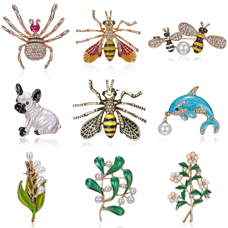 

Summer Style Vintage Animal Bee Dog Brooches for Women Plant Insect Spider Pearl Brooch Pin Fashion Dress Coat Jewelry
