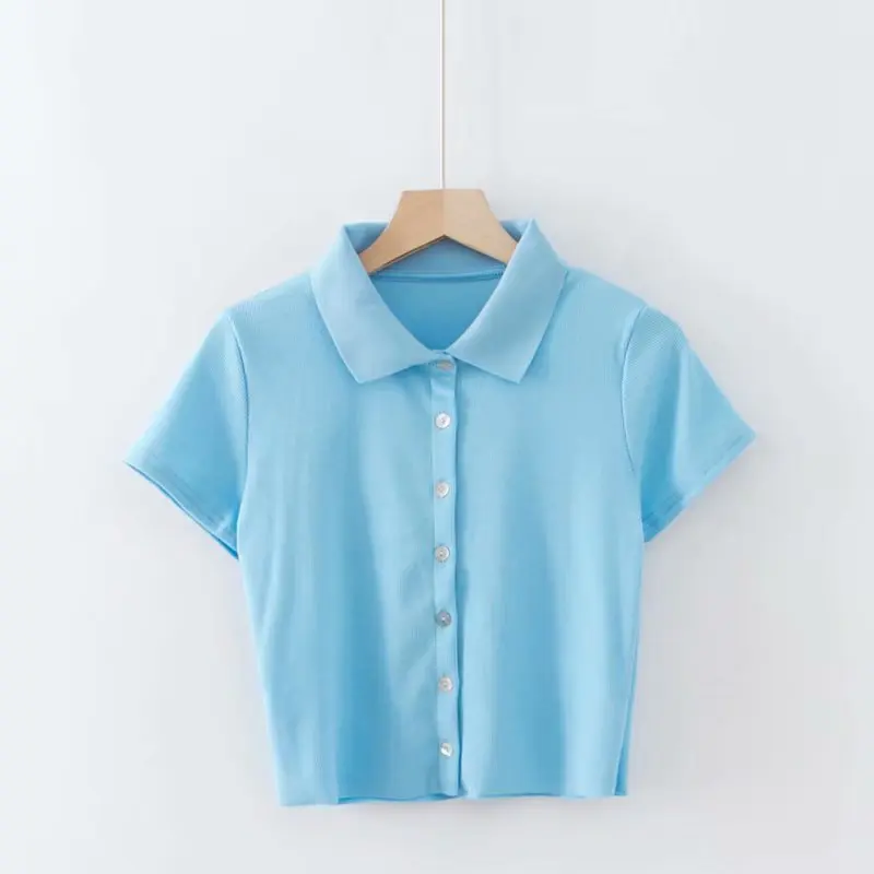 Women Short Sleeve Collared Button Up Crop Top Opaque Buttons T-shirt