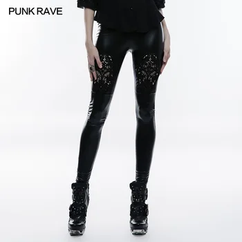 

Punk rave Fashion Pants leggings black Faux leather with embroidery gothic Brand WK309 XS-XXL