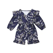Newborn Toddler Baby Casual Floral V-Neck Long Sleeve Ruffles Romper Jumpsuits Elastic Waist Short Pant Clothes 2-5years old
