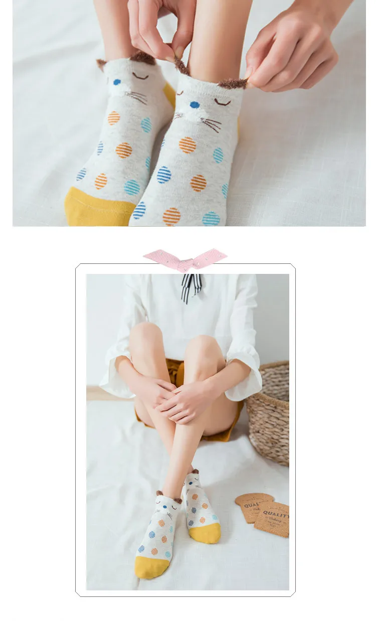 5 Pairs Women Cotton Socks Cute Animal Ankle Socks Cat Dog Summer Short Socks Girls Red Heart Kawaii Ear Funny Low Boat Socks