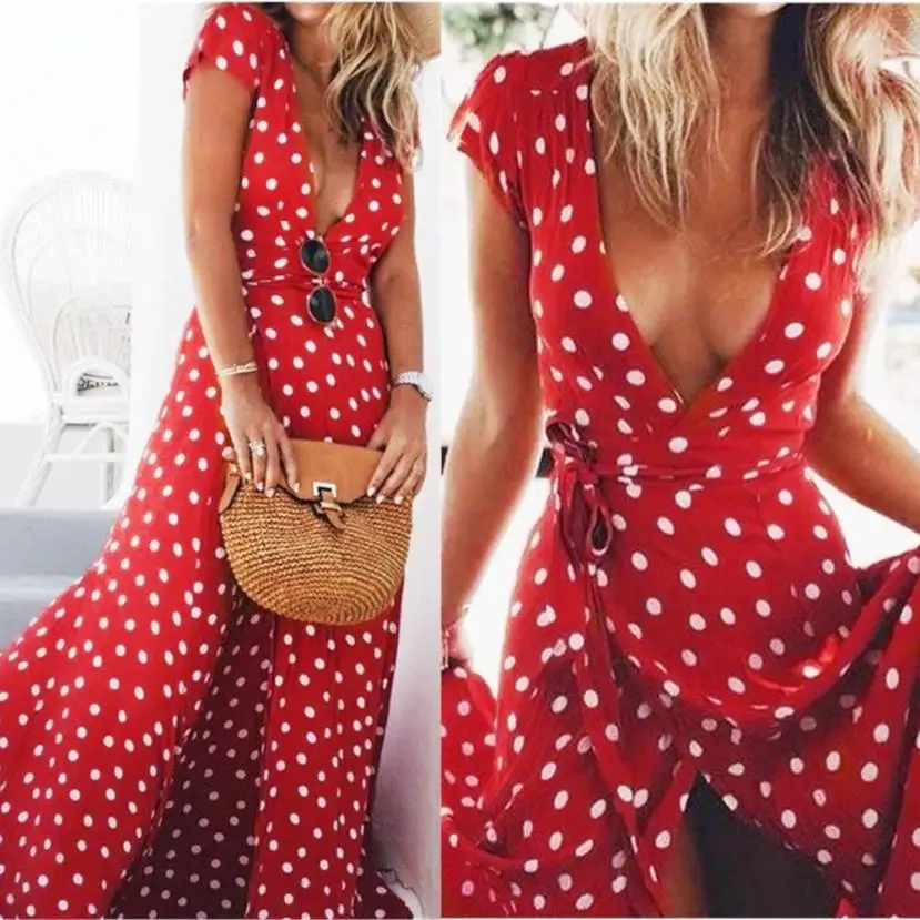 

KANCOOLD dress new high quality Chiffon fashion Summer Boho Dot Long Evening Party Dress Beach Sundress dress women mar12