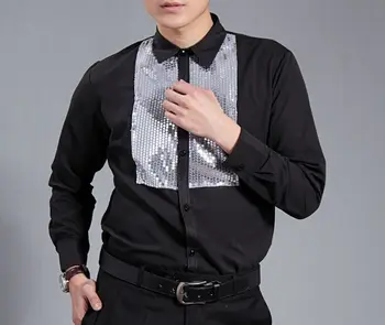 

Free ship men long sleeve black color tuxedo shirt silver sequins decoration tuxedo shirt