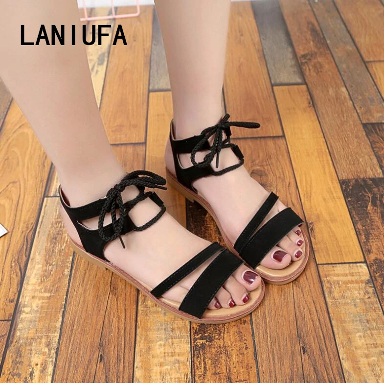 

new Summer Sandals Women Flats Casual Lace-Up Suede Gladiator Peep Toe dress women Sandals Ladies Zapatos Mujer Footwear #286
