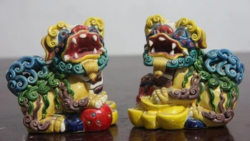

Wu Cai pottery porcelain YuanBao Evil Guardian Lion Foo Fu Dog Kilin Statue Pair