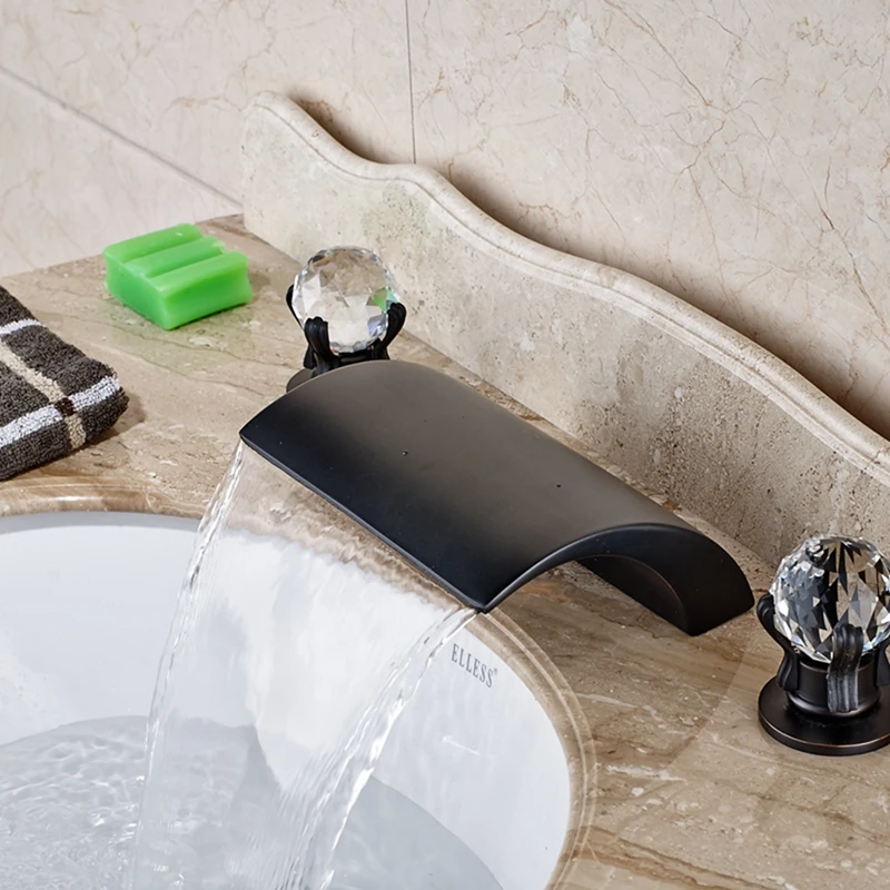 

Oil Rubbed Bronze Roman Waterfall Bathroom Basin Faucet Crystal Handles Mixer