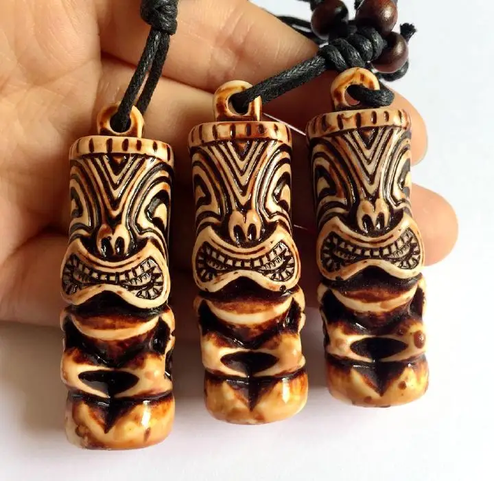 

Free Shipping 12 NECKLACE TRIBAL CARVED TIKI MAN TOTEM LUAU HULA SURF GIRL