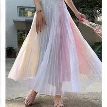 Женская юбка-пачка с высокой талией из плиссированной газовой ткани, элегантная юбка с блестками, женская уличная мода, градиентная Радужная юбка