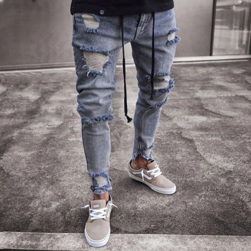 

Skinny Ripped Jeans For Men Male Blue Motorcycle Jeans Denim Pants Fashion Brand Hole Biker Jeans Plus Size XXL