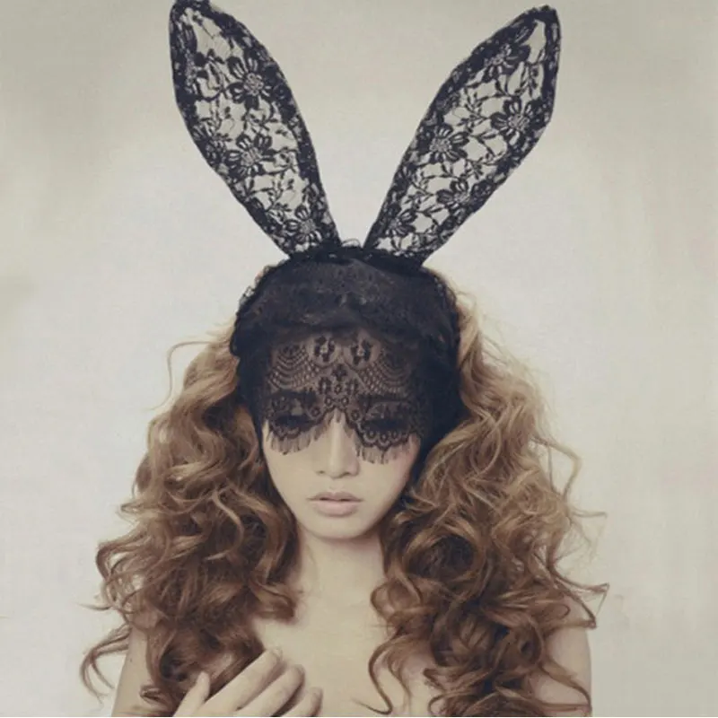 

M MISM Novelty Adult Sexy Black Lace Mask Bunny Ears Hair bands 25cm Length Veil Rabbit Ear Headbands Women Hair Accessories