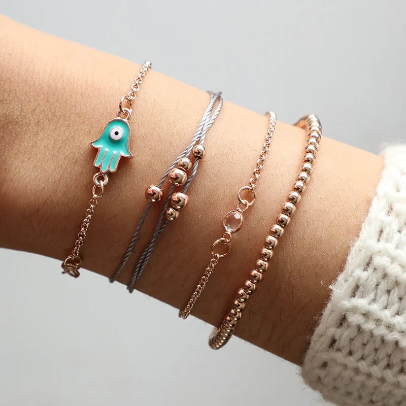 

4 Pcs/Set Enamel Hamsa Fatima Hand Charm Bracelets for Women Simple Gold Beads Chain Braclets Girls Bracelets on the Leg Jewelry