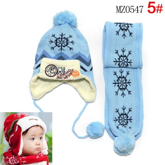 Бархатные вязанные шарф и шапка, зимняя Защитная теплая Кепка для ушей, детская шапка для мальчиков и девочек, 1 комплект = шапка+ шарф - Цвет: Небесно-голубой