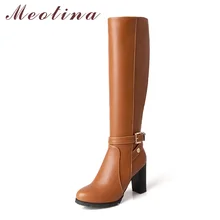 Meotina/Сапоги до колена; зимние сапоги на толстом каблуке; женские теплые высокие сапоги на меху с пряжкой; Модные женские высокие ботинки на высоком каблуке; Цвет Черный; 43