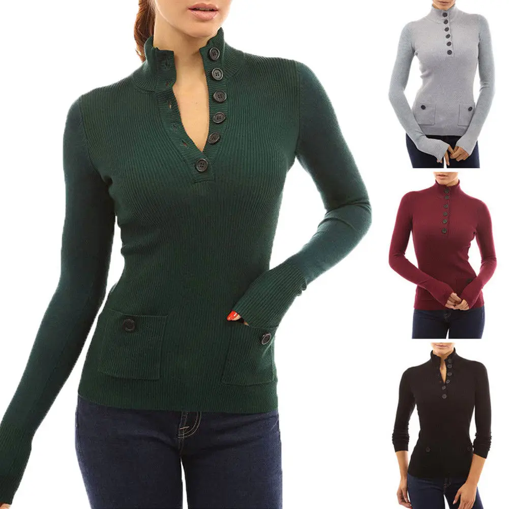 

2018 Autumn Winter Women Casual Knitted Slim Fit Button Pockets Sweater Long Sleeve Turtleneck Pullovers Tops Outwear
