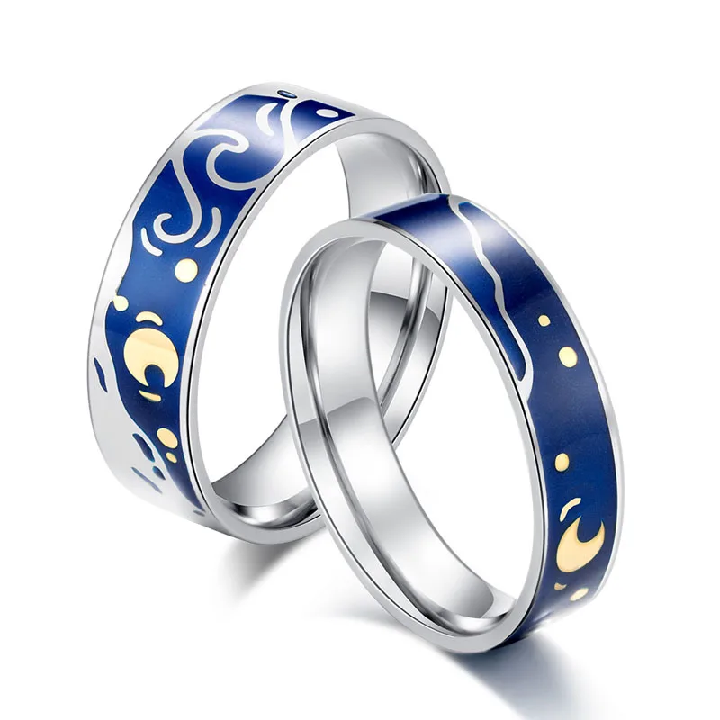 Romantic Van Gogh's Starry Sky Moon Couple Rings Stainless Steel Oil Painting for Women Men Valentine's Day Gifts | Украшения и