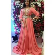 На заказ Длинные рукава vestido de festa longo сексуальные v образным вырезом размера плюс Вечерние платья шифон бисером кристалл Дубай формальное платье