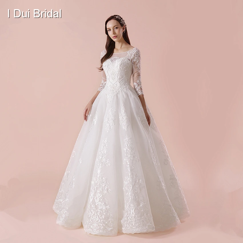 Three Quarter Sleeve Wedding Dress Floor Length Big A Line High