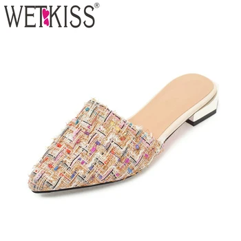 

WETKISS Plus Size 43 Women's Slippers Colored Cloth Fashion Mules Shoes Female Chunky Heels Slides Casual Ladies Summer Footwear