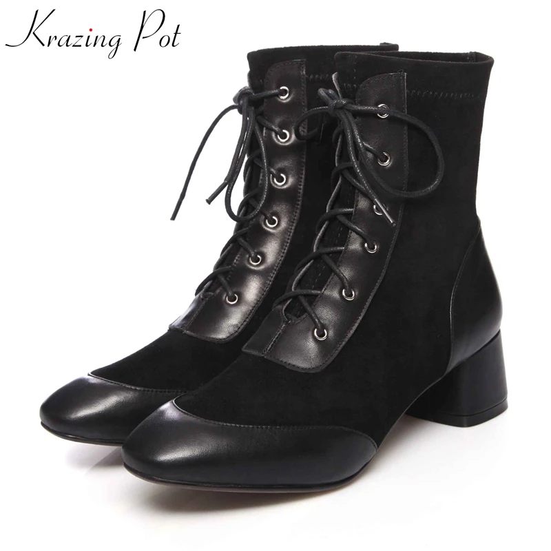 

krazing pot genuine leather flock patch work med heels round toe street fashion charming lace up high quality ankle boots l1f3