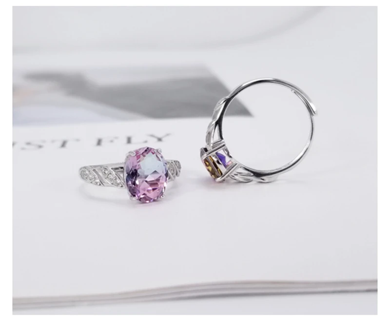 925 пробы, серебряное, Радужное, фиолетовое, аметистовое, кристалл, женское, роскошное, Открытое кольцо, S925, настоящее чистое серебро, бриллиант, свадебное, обручальное кольцо