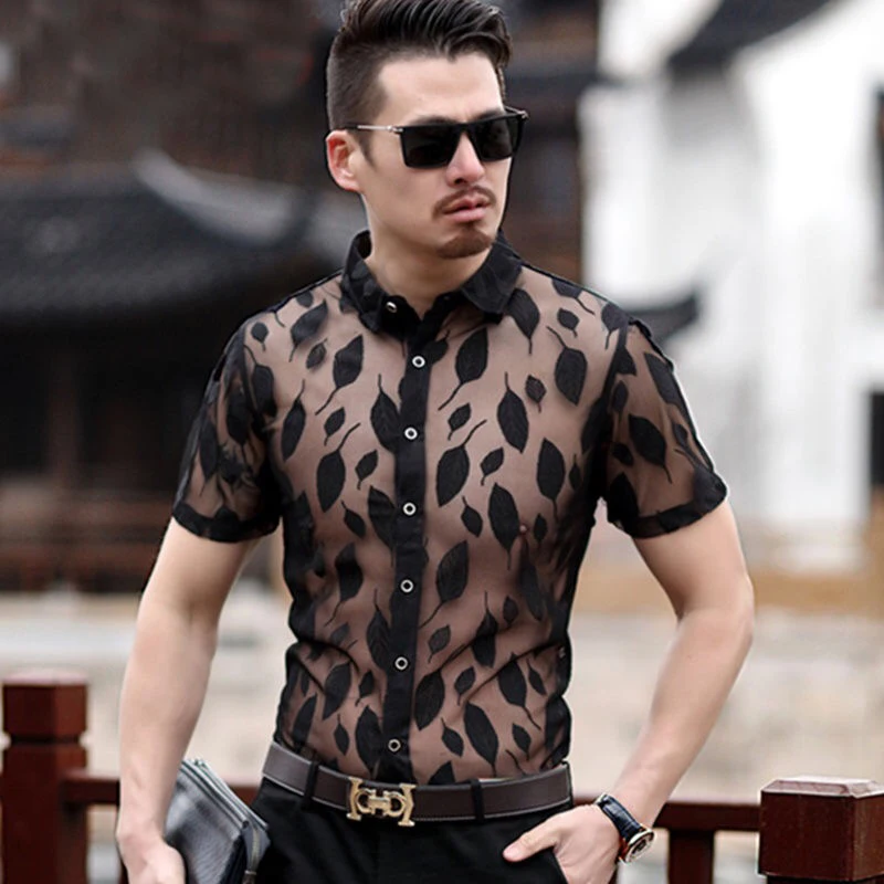 Модная мужская кружевная рубашка с цветочной вышивкой прозрачная рубашка для мужчин летняя рубашка с коротким рукавом - Цвет: K8120 black