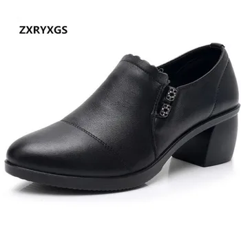 

2019 New Spring Deep Mouth Rhinestone Genuine Leather Shoes Work OL Women Shoes Inside Short Plush Winter Shoes High Heels 5cm