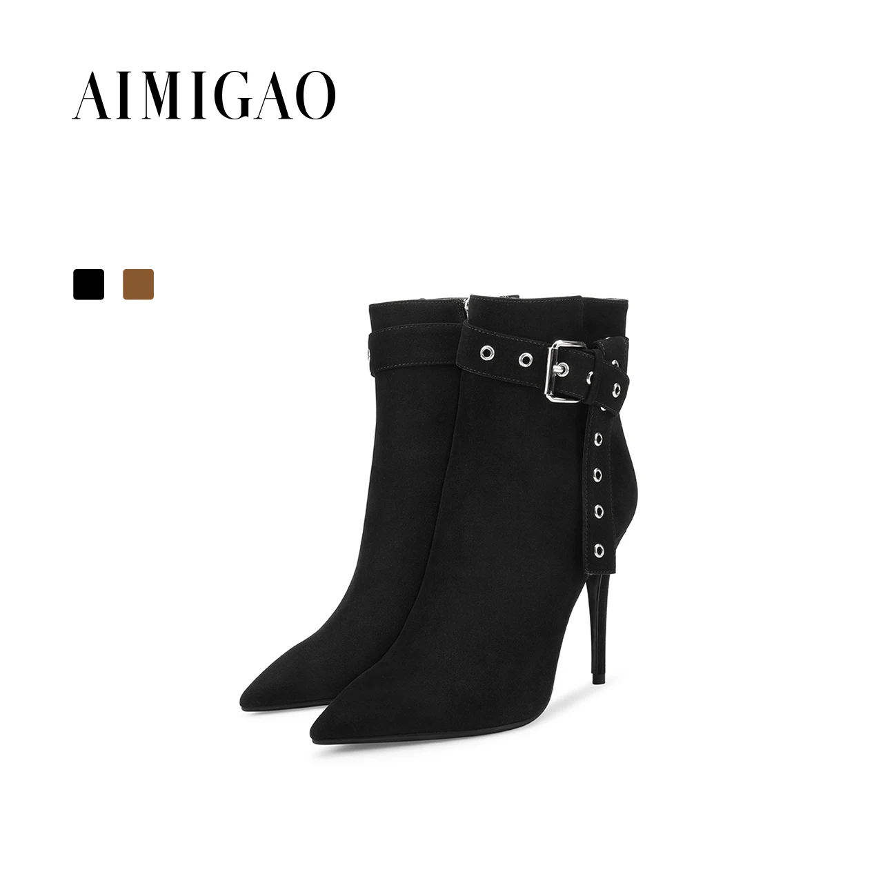 

AIMIGAO suede leather fashion women boots pointed toe high heel ankle boots para mulheres women's zipper belt buckle ankle boots