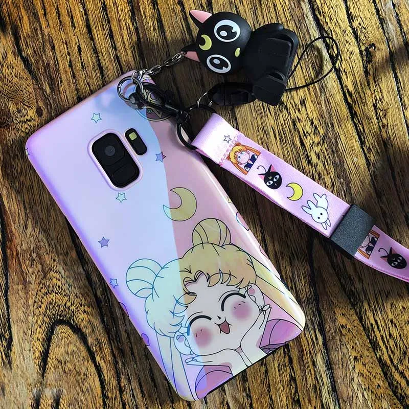 Чехол Sam S10 plus Sailor moon, розовый милый мягкий чехол для телефона samsung Galaxy S9 S8 S7 edge note8 note9+ плечевые ремни - Цвет: Черный