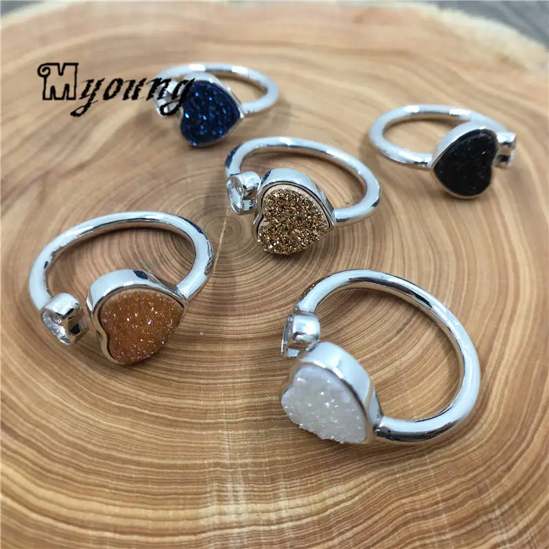 Mix Color Регулируемые в форме сердца кварцевые кольца Druzy titanium, кольца Agates Drusy для Wowen MY1786 - Цвет основного камня: Mix Color