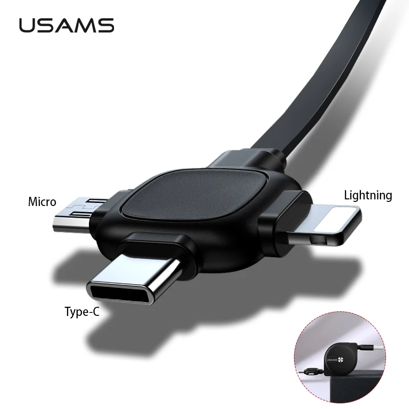 

USAMS 3In1 Storage Cable for lighting Type C Micro USB Scalable Cable Data Sync Phone USB C Cable Fast Charging for 8 Pin iPhone
