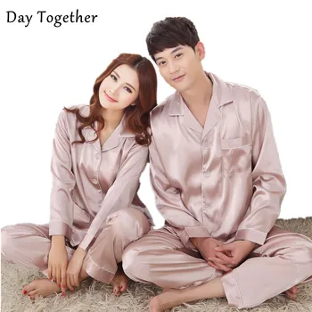 

Spring Couple Silk Satin Pajamas Men's Pajama Sets Pyjamas Ladies Pijamas Sleepwear Solid Color Long Sleeves Lover Home Suit
