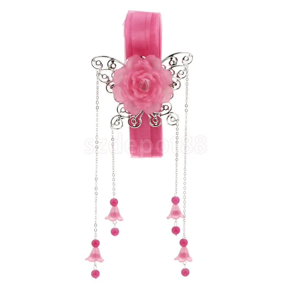 Ribbon Flower Chain Tassel Ancient Chinese Headdress Clip & Beads Dangle Earring Set Bridal Wedding Cosplay Party Hair Jewelry