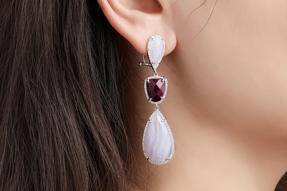 Женские серьги подвески из серебра 925 пробы с натуральным Рубином|silver round earrings|silver